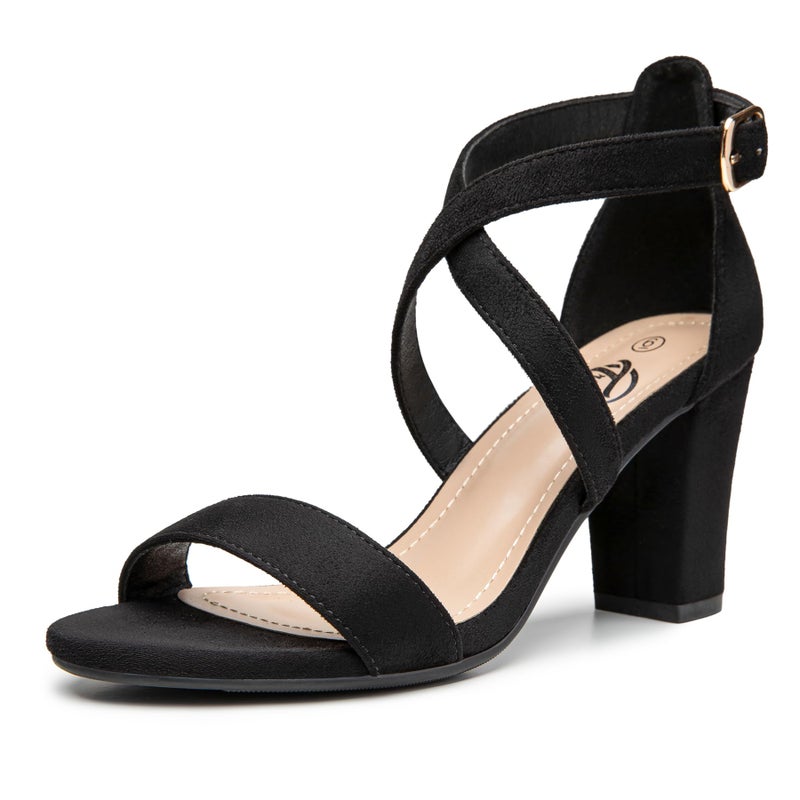 Trary Women's Ankle Strap and Adjustable Buckle Chunky Pump Heel Sandals, Black Suede, Small - Image 1